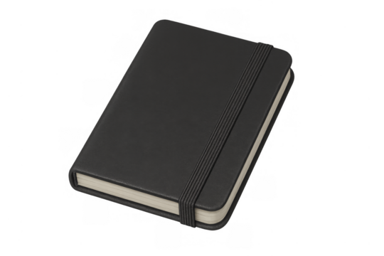Black closed notebook with elastic band on transparent background - Powered by Adobe