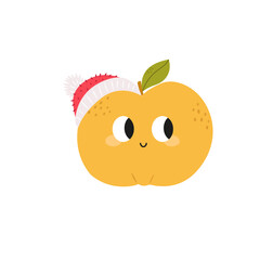 Obraz premium Funny Apricot Character Vector Illustration with Santa Hat | Cute Flat Cartoon Christmas Fruit