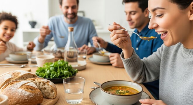 Family enjoying soup together at dining table with bread and salad  
