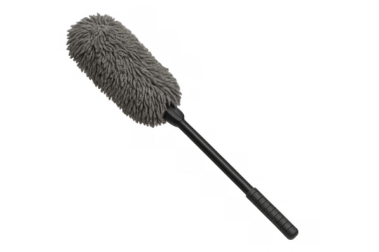 Gray microfiber duster cleaning tool on transparent background