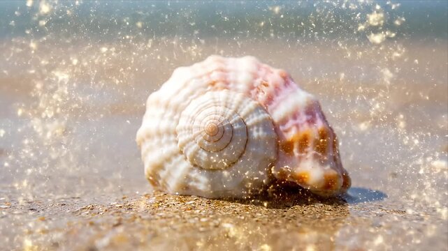 Enchanted Seashell on Sandy Beach with Golden Glittering Particles A Dreamy and Magical Scene of a Glowing Conch Shell on the Shore Capturing Ethereal Beauty