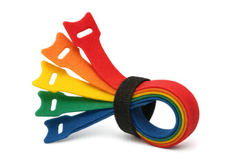 Colorful hook and loop straps organizing cables on transparent background