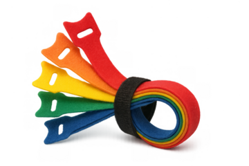 Colorful hook and loop straps organizing cables on transparent background