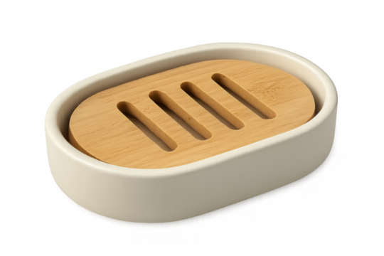 Empty ceramic soap dish with bamboo grid