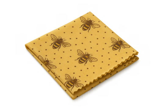 Beeswax food wrap with bee pattern creating zero waste kitchen
