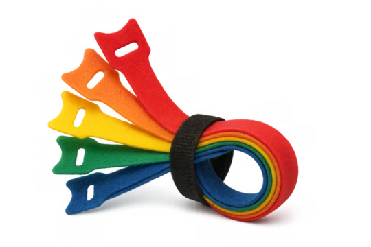 Colorful hook and loop straps organizing cables on transparent background