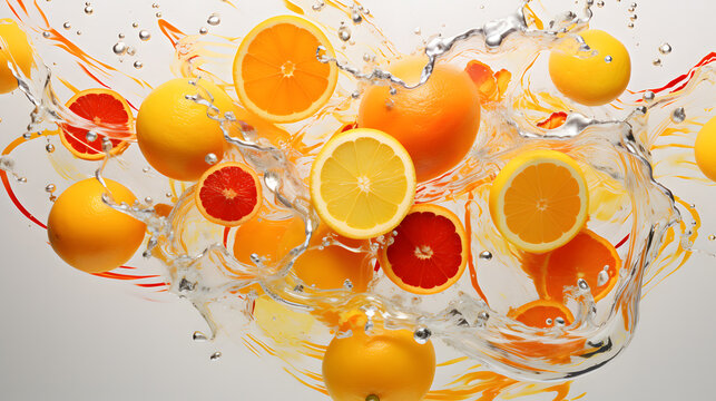 Dynamic explosion of sliced citrus fruits immersed in splashing water, evoking freshness and vitality. Scene symbolizes rejuvenation and energy, creating lively ambiance. Neural network AI generated