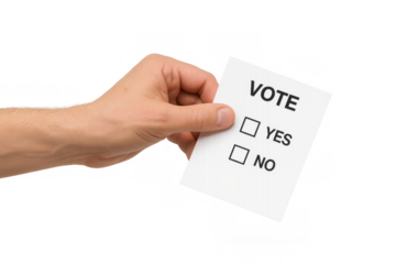 Hand holding ballot for vote yes or no