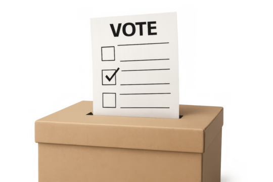 Vote ballot going into a cardboard ballot box