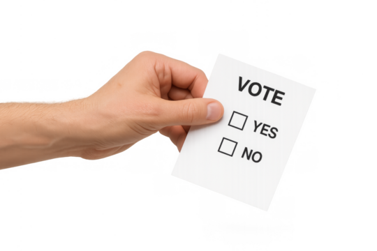 Hand holding ballot for vote yes or no