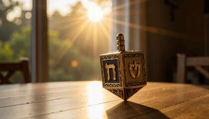 Hebrew letters golden dreidel spinning on table in modern style with sunlight  