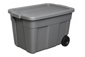 Gray plastic storage bin with lid and wheels