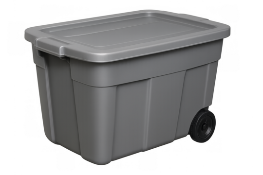 Gray plastic storage bin with lid and wheels