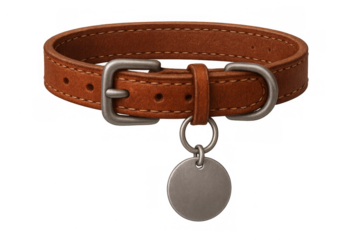 Brown leather dog neck collar with metal tag