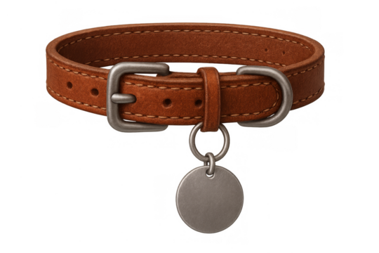 Brown leather dog neck collar with metal tag