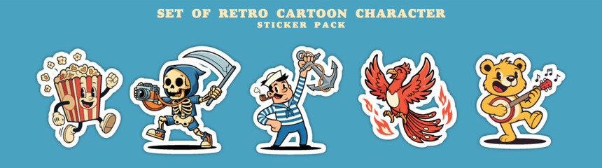 Fototapeta premium Set of Retro Cartoon Characters Sticker Pack.
