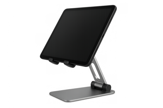 Tablet displaying blank screen on aluminum stand technology