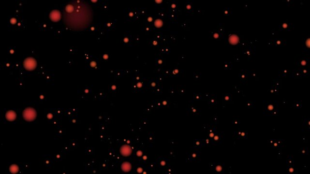 Abstract animation video background with falling coral red bubbles on black backdrop