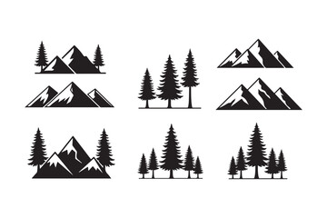 Obraz premium Collection of mountain and pine tree silhouette illustrations