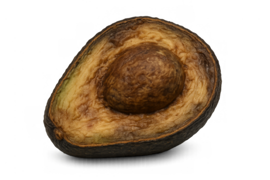 Rotten avocado half showing decay and food waste concept