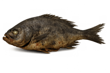 Dried fish displaying preservation and decay against transparent background
