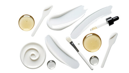 Skincare and Beauty Products Flat Lay on White background creams, oils, and dropper bottles arranged aesthetically