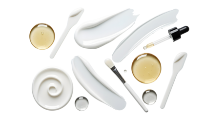 Skincare and Beauty Products Flat Lay on White background creams, oils, and dropper bottles arranged aesthetically