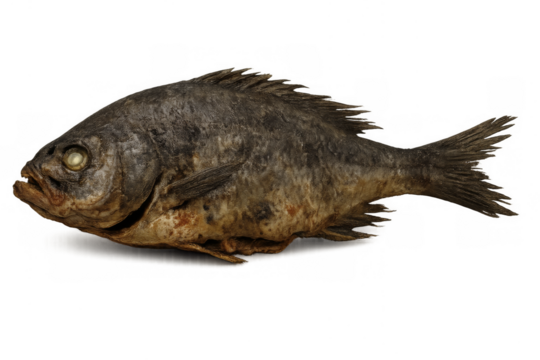 Dried fish displaying preservation and decay against transparent background
