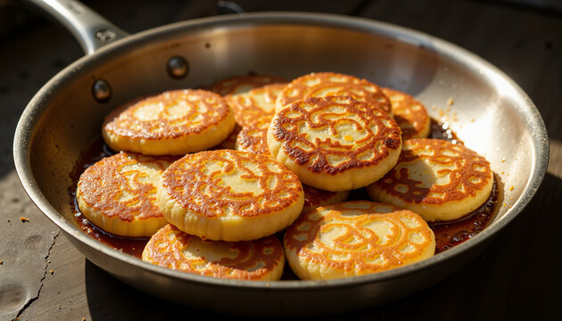 Potato pancakes frying in pan with golden crispy edges in modern style  
