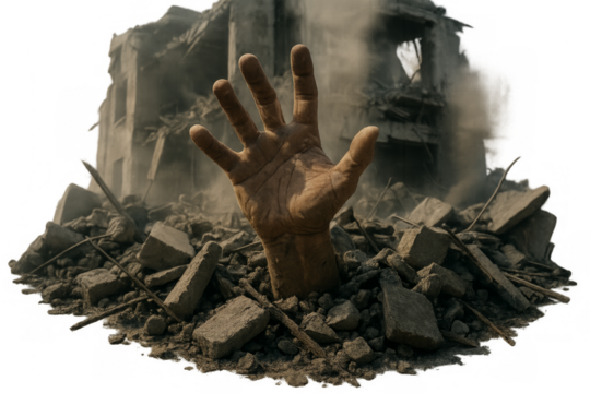 Surviving disaster hand reaching out from rubble