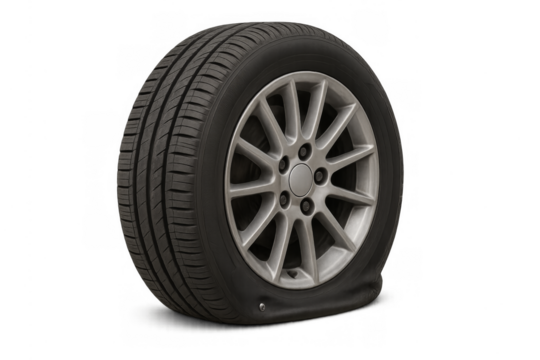 Deflating car tire on alloy wheel having a puncture