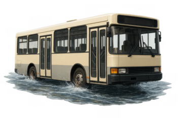 Old public transport bus driving through water flood