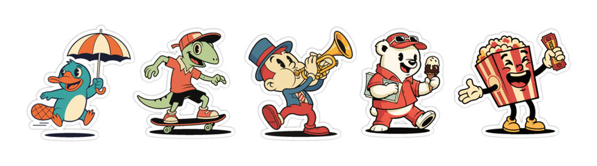 Naklejka premium Collection of Cartoon Characters Engaged in Various Activities.