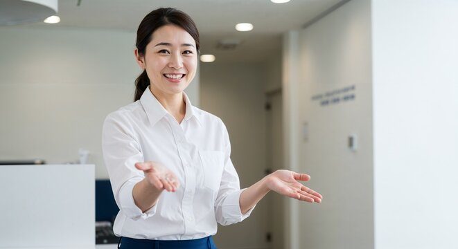 Young Asian woman welcoming guests with a smile in modern office  