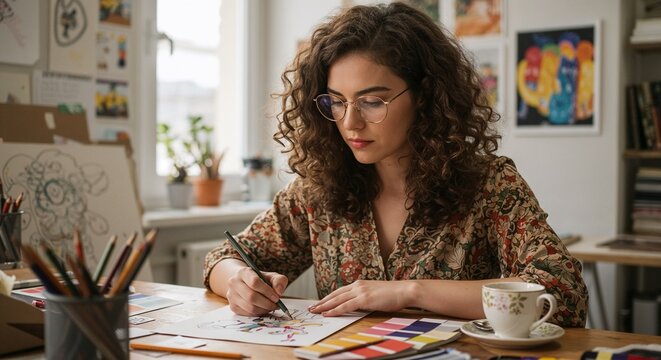 Young woman illustrating designs with colored pencils at desk - Powered by Adobe