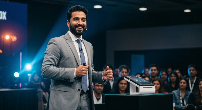 Young man presenting on stage with audience in modern conference setting   - Powered by Adobe