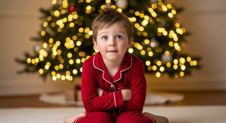 A young boy with an amazed expression sits in red pajamas in front of a glowing Christmas tree. A magical and festive holiday scene with warm, blurry bokeh lights.