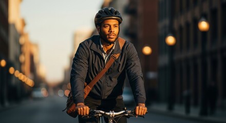 A focused African American man wearing a helmet and messenger bag rides a bicycle through a sunny urban street during his daily commute or leisure travel.