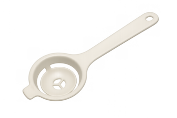 White plastic egg separator kitchen utensil on transparent background
