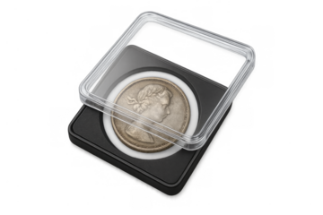 Antique silver coin in protective case on transparent background