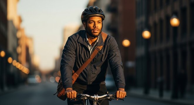 A focused African American man wearing a helmet and messenger bag rides a bicycle through a sunny urban street during his daily commute or leisure travel. - Powered by Adobe