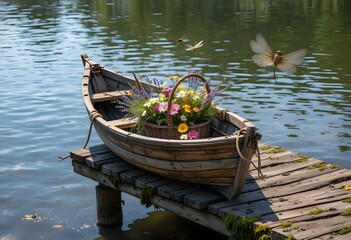 Obraz premium Rustic wooden boat filled with flowers docked on a weathered pier