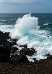 The powerful Atlantic ocean waves crash against the rocky coastline, generating sea spray and white foam near the volcanic shore ,crashing ,volcanic ,shore