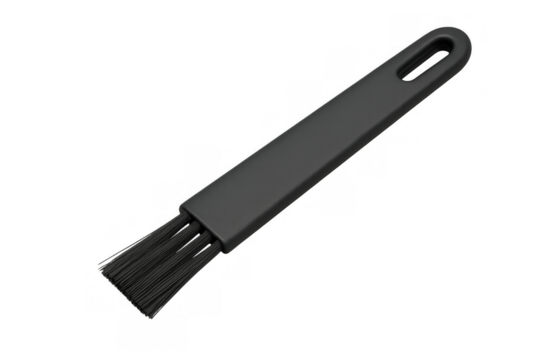 Black plastic cleaning brush with bristles on transparent background