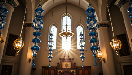 Interior of synagogue with hanging blue and silver Hanukkah decorations