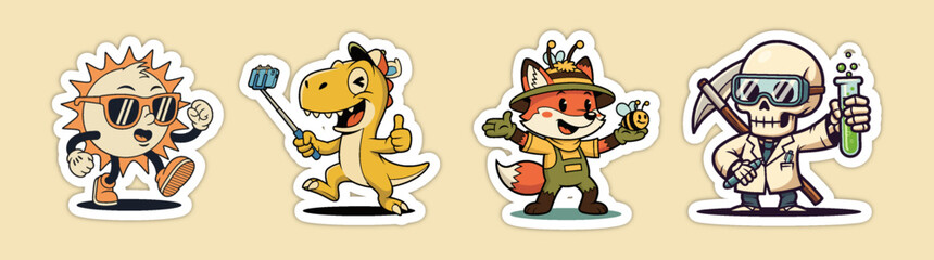 Naklejka premium Set of four cartoon character stickers - a cool sun, a dinosaur