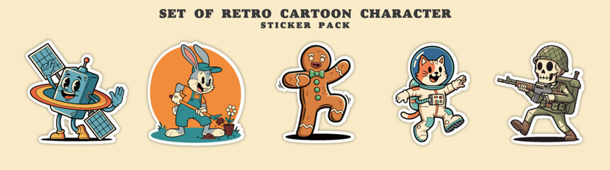Set of Retro Cartoon Characters with Unique Designs.