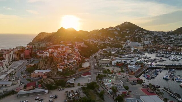 Cabo San Lucas Mexico Cityscape Aerial Footage Sunset Urban Buildings