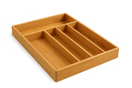 Wooden cutlery drawer organizer with transparent background