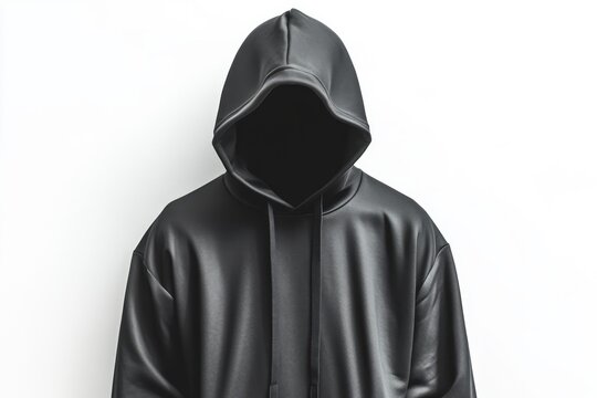 Fototapeta Faceless figure in black hooded sweatshirt stands in minimalist, abstract environment, evoking themes of anonymity and mystery. Neural network AI generated